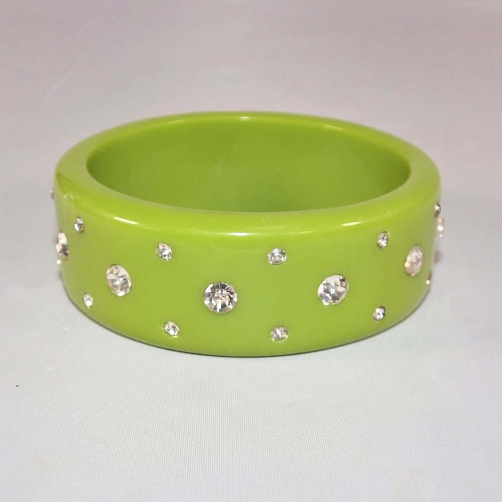 Lime Green Vintage Acrylic Bangle with Rhinestone Accents